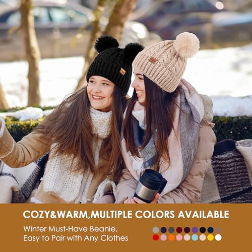 Women's Winter Hat Soft Knit Beanie with Faux Fur Pom Hat with Warm Fleece Lining Skull Cap for Women - color: Light Green