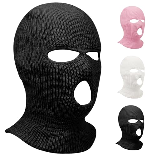 3 Hole Winter Knitted Mask, Full Face Cover Ski Scarf Mask Warm Balaclava for Adult Skiing, Motorcycle,Wind Protection - color: Black
