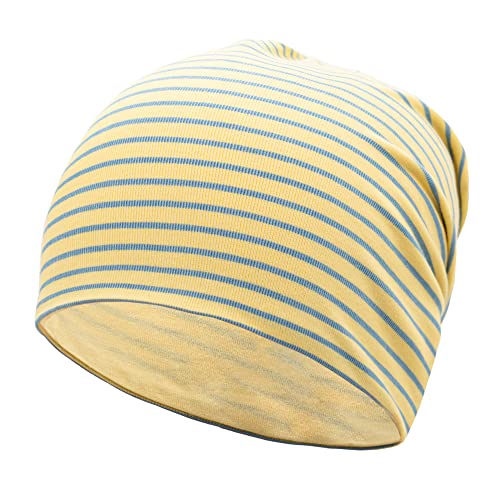 EMPIRELION 9" Women Lightweight Beanies Hats, Thin Sports Running Skull Cap Chemo Headwear Sleep Caps - color: Yellow/Blue Stripe