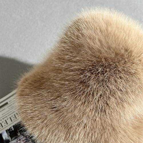 Women's Oversized Faux Fur Bucket Hat, Fluffy Plush Winter Hat, Solid Color - color: Light Khaki