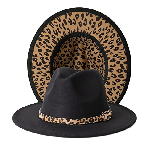 Women Two Tone Wide Brim Fedora Felt Panama Hat - color: Square Buckle-black Leopard