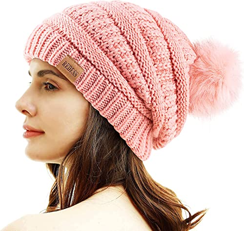 REDESS Women Winter Pom Pom Beanie Hat with Warm Fleece Lined - color: Rose Pink