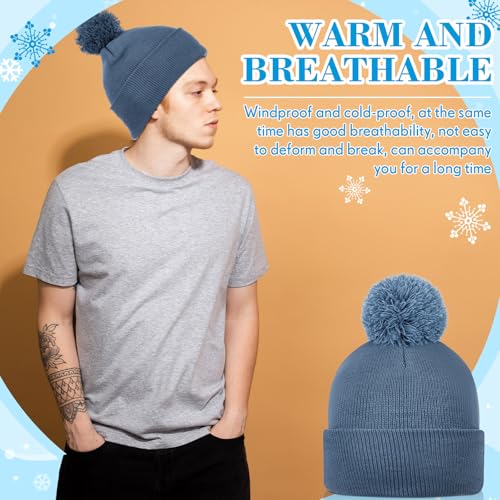 Geyoga 2 Pcs Pom Beanie Hat Men Women Winter Hat Pom Knit Cap Beanies with Ball at Top Acrylic Winter Cap with Cuff - color: Brown,blue Gray, style: Classical
