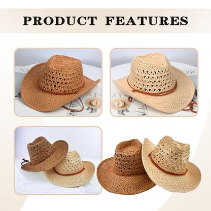 Women/Men Straw Cowboy Hat Wide Brim Sun Beach Cowgirl Hat Summer Western Cowboy for Travel Outdoor Family - color: Khaki