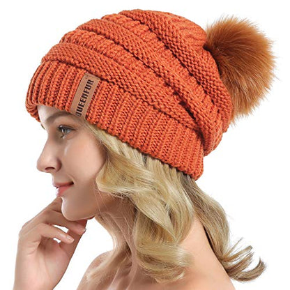 Women Knit Slouchy Beanie Chunky Baggy Hat with Faux Fur Pompom Winter Soft Warm Ski Cap - color: D8-orange