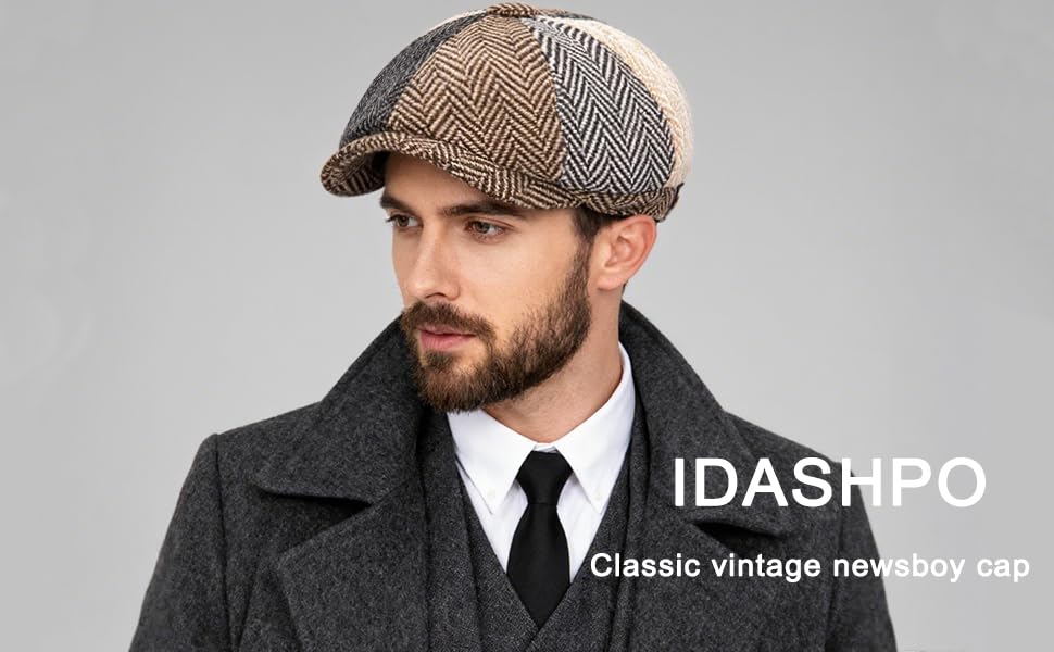 Men's Wool Newsboy Cap 8-Panel Tweed Taxi Hat Herringbone Gatsby Flat Hats - color: Multi-color