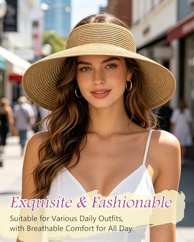 3 Pack Women's Straw Sun Visor Hat,Outdoor Wide Brim UV Protection Foldable,Adjustable Packable Ponytail Summer Sun Hat - color: 3 Pack Khaki