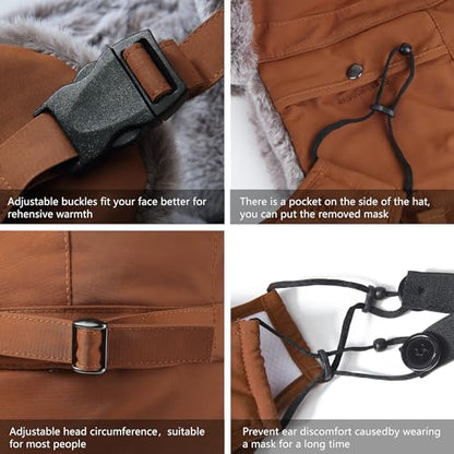 GADIEMKENSD Winter Trapper Hat with Ear Flap Chin Strap and Windproof Mask - color: Camel, size: 6 3/4-7 1/4