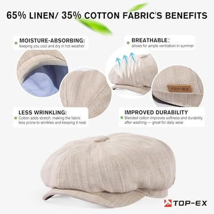 Oversized XL XXL Natural Linen Flat Cap Lightweight 8 Panel Summer Cooling Eco-Friendly Newsboy Hat Golf Outdoor - color: Beige Herringbone, size: Medium-Large