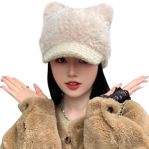 Cat Ears Fleece Lined Brimmed Beanie Hats Winter Golf Cap Brim Bill Visor Women - color: Beige