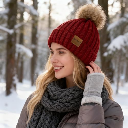 ZOORON Womens Winter Knitted Beanie Hat with Faux Fur Pom Beanie Warm Knit Skull Cap Beanie for Women - color: 1wine Red