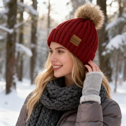 ZOORON Womens Winter Knitted Beanie Hat with Faux Fur Pom Beanie Warm Knit Skull Cap Beanie for Women - color: 1wine Red