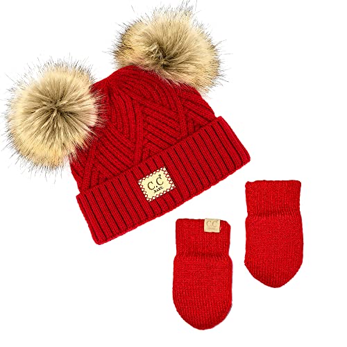 Funky Junque Baby Double Faux Fur Pom Pom Beanie & Mittens Set – Newborn Infant 0–9 Months Winter Hat with Soft Lined Mittens - color: Diagonal Basketweave: Red (0-9 Months)