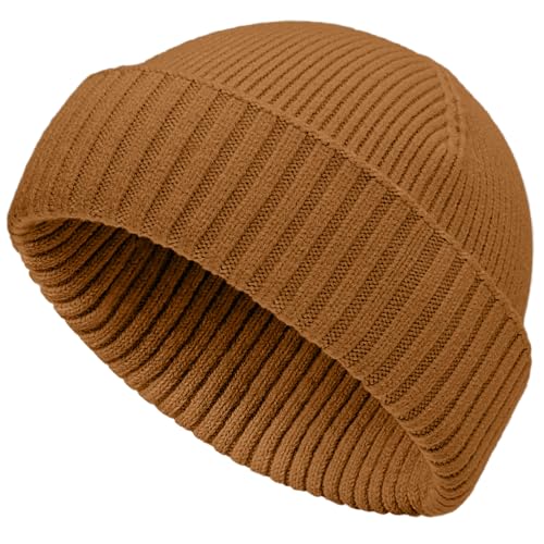 vidsel 50% Wool Double Cuff Beanie Hat for Men Women, Warm Winter Knit Cap - color: Golden Brown