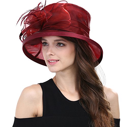 Womens Church Derby Wide Brim Sun Hat Girl Tea Party Headwear Bridal Wedding Fascinator - color: Red