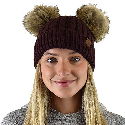 C.C 2 Ear Pom Pom Cable Knit Soft Stretch Cuff Skully Beanie Hat - color: Faux Fur Berry