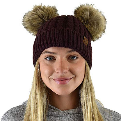 C.C 2 Ear Pom Pom Cable Knit Soft Stretch Cuff Skully Beanie Hat - color: Faux Fur Berry