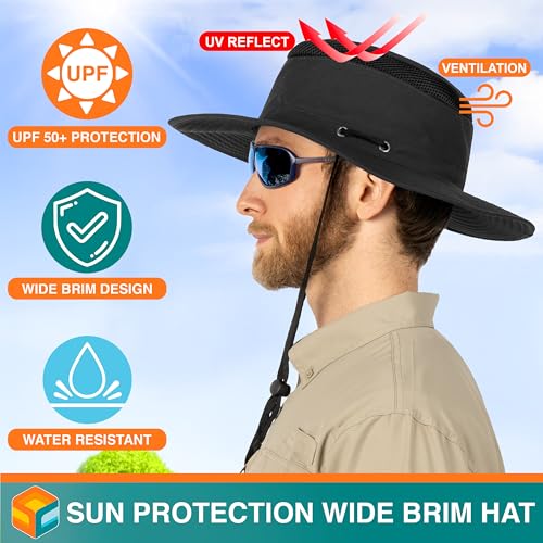 SUN CUBE Wide Brim Sun Hat for Men Women UPF 50+ UV Protection Safari Boonie Hat with Chin Strap, Pocket, Fishing Hiking Hat - color: Black
