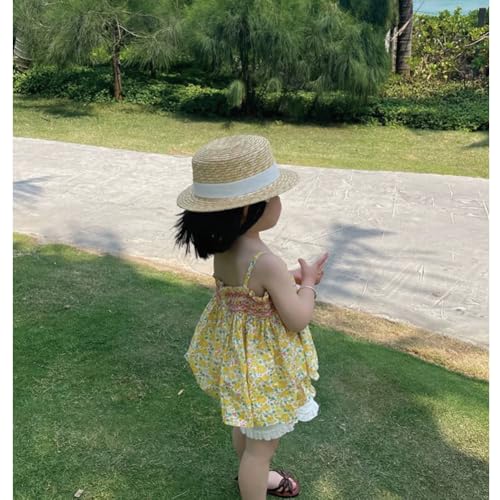 Girls Straw Boater Hat Kids Beach Hats Toddler Natural Wheat Straw Skimmer Hat Boys Handmade Flat Crown Sun Hats - color: Black