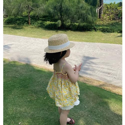 Girls Straw Boater Hat Kids Beach Hats Toddler Natural Wheat Straw Skimmer Hat Boys Handmade Flat Crown Sun Hats - color: Black