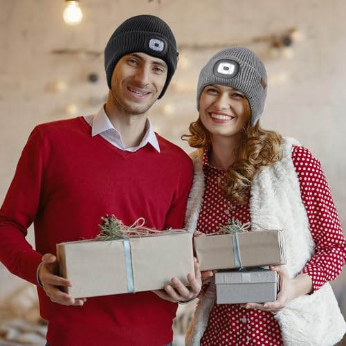 Etsfmoa Hat with Light,Fleece Lined Beanie with Earflaps,Gifts for Men Dad - color: Grey
