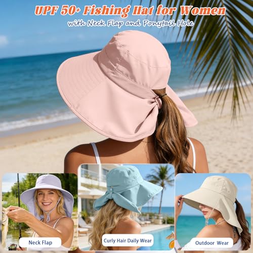 Ruqizhi Sun Hats for Women with Neck Flap Ponytail Hole Women Sun Hats Rollable UV Protection Fishing Hats Wide Brim UPF 50+ - color: Pink