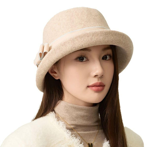 Women Vintage Felt Cloche Hats Winter Fall Solid Fedora Bucket Caps Elegant Bowler Hat Bowknot - color: Beige