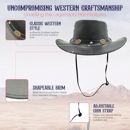 Equine Care Leather Cowboy Hat for Men & Women, Genuine Leather Western - color: Black – Concho Band, size: 7 1/4-7 3/8