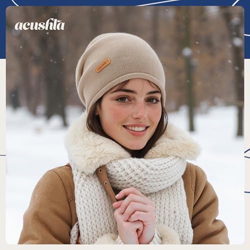 ACUSHLA 100% Merino Wool Slouchy Beanie for Women Men Winter Hat Skull Cap - color: Light Beige