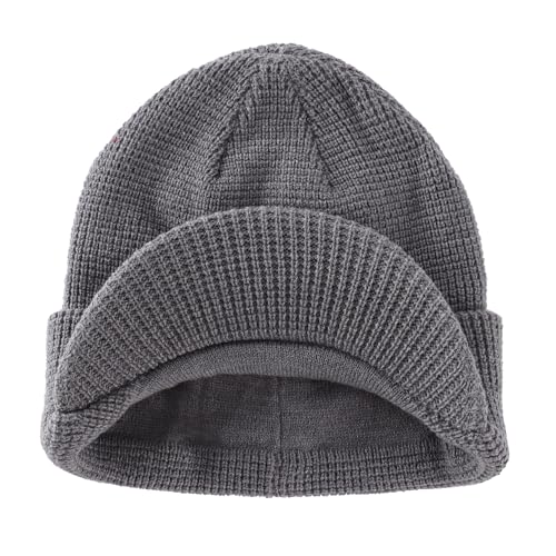Home Prefer Mens Wool Blend Winter Hat Double-Layer Warm Knit Pre-Curve Visor Beanie Brimmed Beanies Hat for Men Women - color: Grey