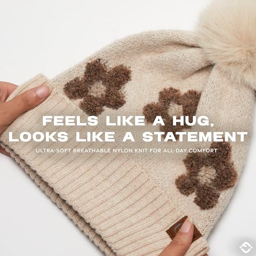 Funky Junque Beanie for Women Ultra Soft Chenille Faux Fur Pom Pom Winter Hats Warm Ski Cap Fashion - color: Daisy - Beige