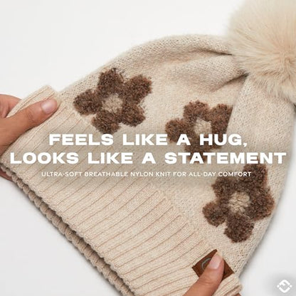 Funky Junque Beanie for Women Ultra Soft Chenille Faux Fur Pom Pom Winter Hats Warm Ski Cap Fashion - color: Daisy - Beige