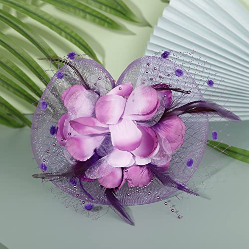 JWICOS Fascinators Hat for Women 50s Flower Hat with Veil Cocktail Wedding Tea Party Church Derby Hat - color: Purple