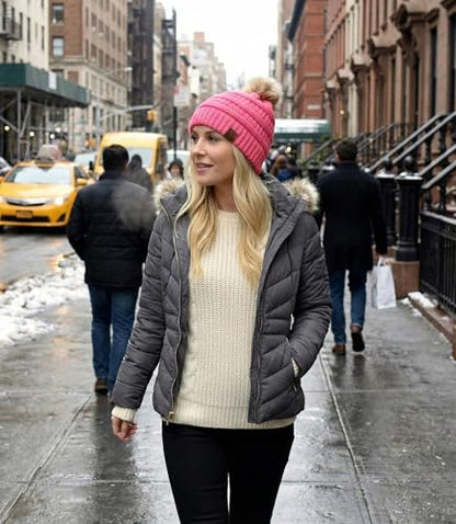 C.C Trendy Fuzzy Fleece Lined Warm Comfortable Soft Stretch Cable Knit Ribbed Faux Fur Pom Pom Beanie Hat - color: Candy Pink