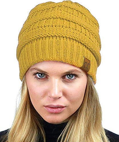 C.C Unisex Chunky Soft Stretch Cable Knit Warm Fuzzy Lined Skully Beanie - color: Mustard