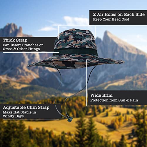 BaHoki Essentials Military Style Bucket Hat - Camo Outdoor Hat with Adjustable Strap - Wide Brim Safari Hat - style: Digital Woodland