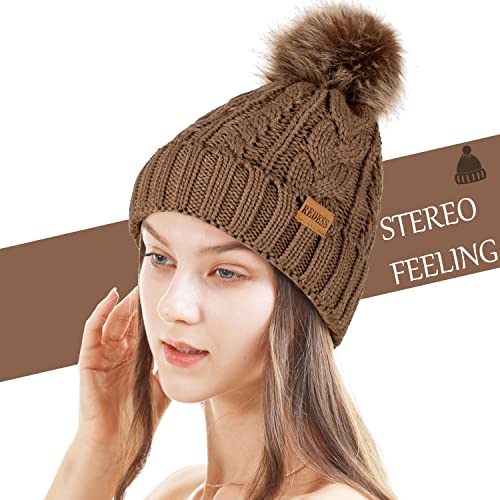 REDESS Women Winter Pompom Beanie Hat with Warm Fleece Lined Thick Slouchy Snow Knit Hat Skull Ski Cap - color: Khaki