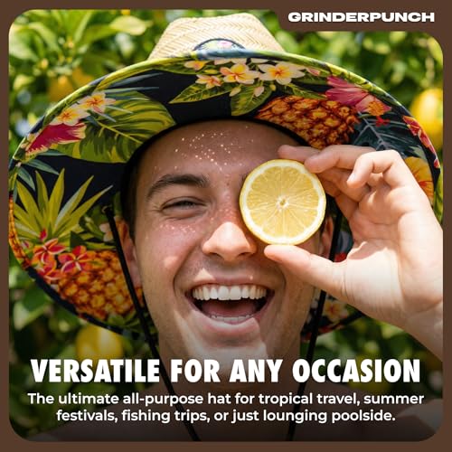 grinderPUNCH Straw Sun Hat for Men Women Wide Brim Beach Fishing UPF 50 - color: Tropical Pineapple