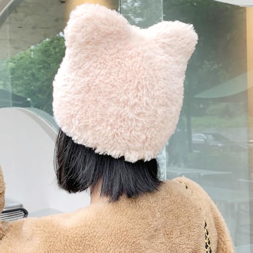 Cat Ears Fleece Lined Brimmed Beanie Hats Winter Golf Cap Brim Bill Visor Women - color: Beige