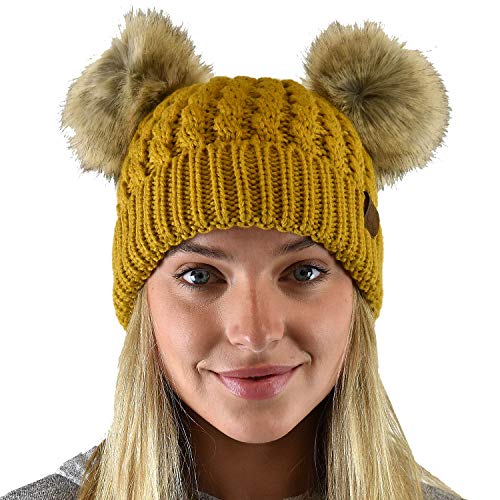 C.C 2 Ear Pom Pom Cable Knit Soft Stretch Cuff Skully Beanie Hat - color: Faux Fur Mustard
