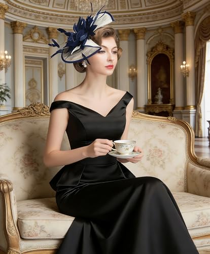 Z&X Sinamay Fascinator Hat Floral Feather Pillbox Derby Hats for Women Wedding Tea Party with Headband Clip - color: 006a Navy Blue and White