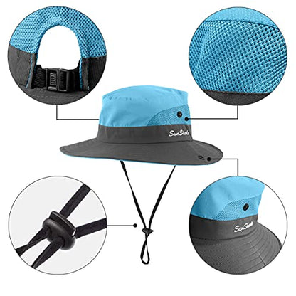 IYEBRAO 2 Pack Womens Ponytail Sun Hat UV Protection Bucket Hats Foldable Wide Brim Summer Boonie Beach Cap Fishing Hiking… - color: Beige & Sky Blue