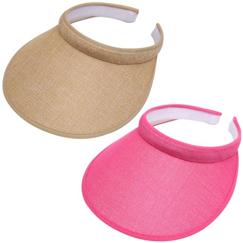 2 Pack Wide Brim Sun Visor Hats Women Men Large Clip-on Visors Hat UV Protection Outdoors Sports Golf Beach Cap - color: Khaki-pink