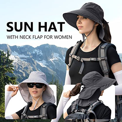 Womens Sun Hat UPF 50+ Wide Brim and Ponytail Hole, Hiking Safari Hat with Neck Flap… - color: Dark Grey & Light Grey