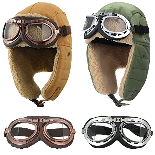 JaGely 4 Pcs Pilot Hat and Goggles Flight Costume Accessories Pilot Helmet Cap with Ear Flaps Hat Adults Winter - color: Green and Khaki, style: Classic
