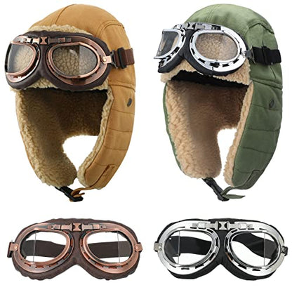 JaGely 4 Pcs Pilot Hat and Goggles Flight Costume Accessories Pilot Helmet Cap with Ear Flaps Hat Adults Winter - color: Green and Khaki, style: Classic