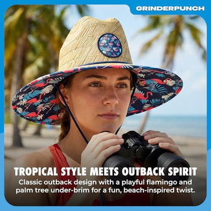 grinderPUNCH Straw Sun Hat for Men Women Wide Brim Beach Fishing UPF 50 - color: Flamingo Palm