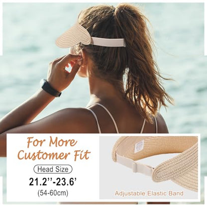 Chicingyou Sun Visor Hat for Women Wide Brim Straw Visors Beach Hat Ponytail UV UPF Packable Foldable Travel - color: Khaki