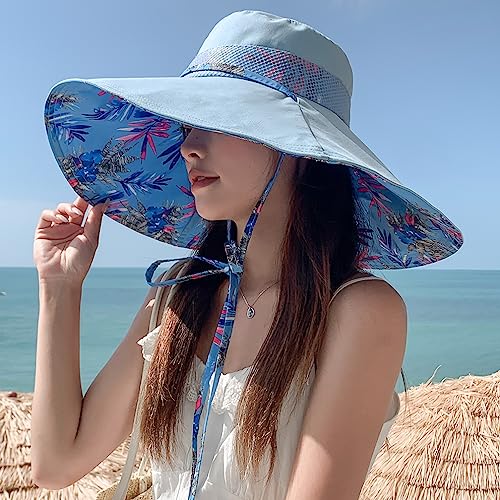 6" Extra Wide Brim Sun Hats UPF 50+ UV Protection Packable Beach Hat Strap Women - color: Blue
