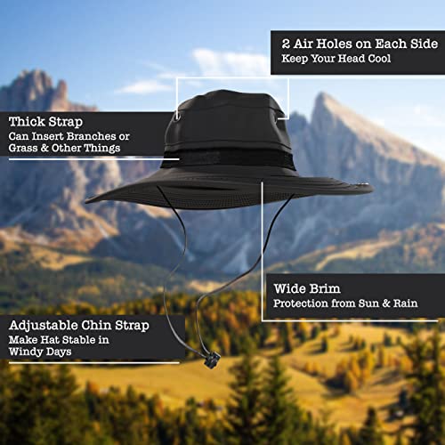 BaHoki Essentials Military Style Bucket Hat - Camo Outdoor Hat with Adjustable Strap - Wide Brim Safari Hat - style: Black